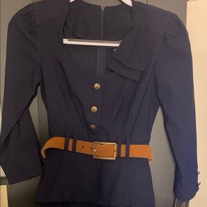 Navy sweetheart neck 3/4 length peplum dress